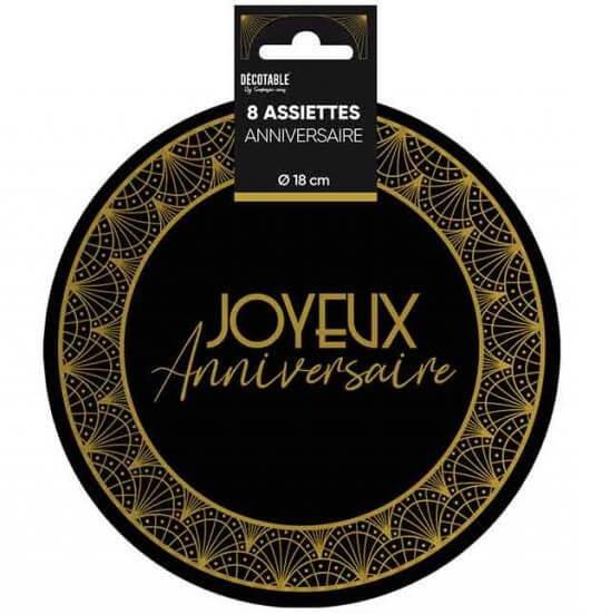 Ardaa18 assiette ronde carton joyeux anniversaire noir et dore or art deco