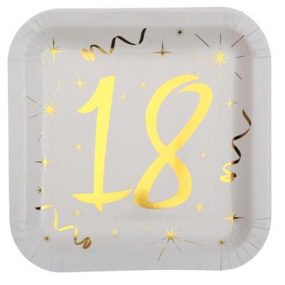 Assiette anniversaire blanche et or 18ans (x10) REF/6156