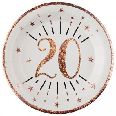 Assiette anniversaire 20 ans blanche et rose gold métallisé 22.5cm (x10) REF/7348