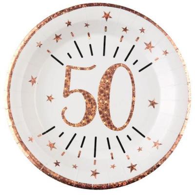 Assiette anniversaire 50 ans blanche et rose gold métallisé 22.5cm (x10) REF/7348