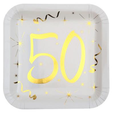 Assiette anniversaire blanche et or 50ans (x10) REF/6156