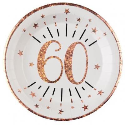 Assiette anniversaire 60 ans blanche et rose gold métallisé 22.5cm (x10) REF/7348