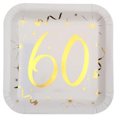 Assiette anniversaire blanche et or 60ans (x10) REF/6156