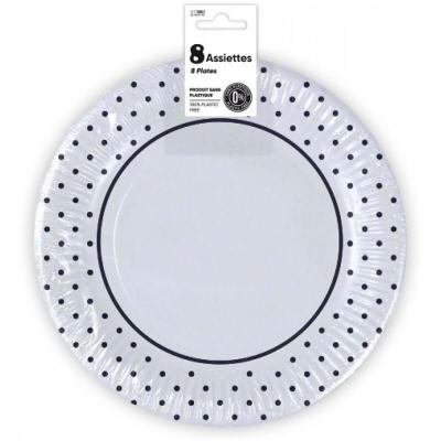8 Assiettes rondes en carton de 23 cm en blanc avec pois décoratif REF/AF23BA
