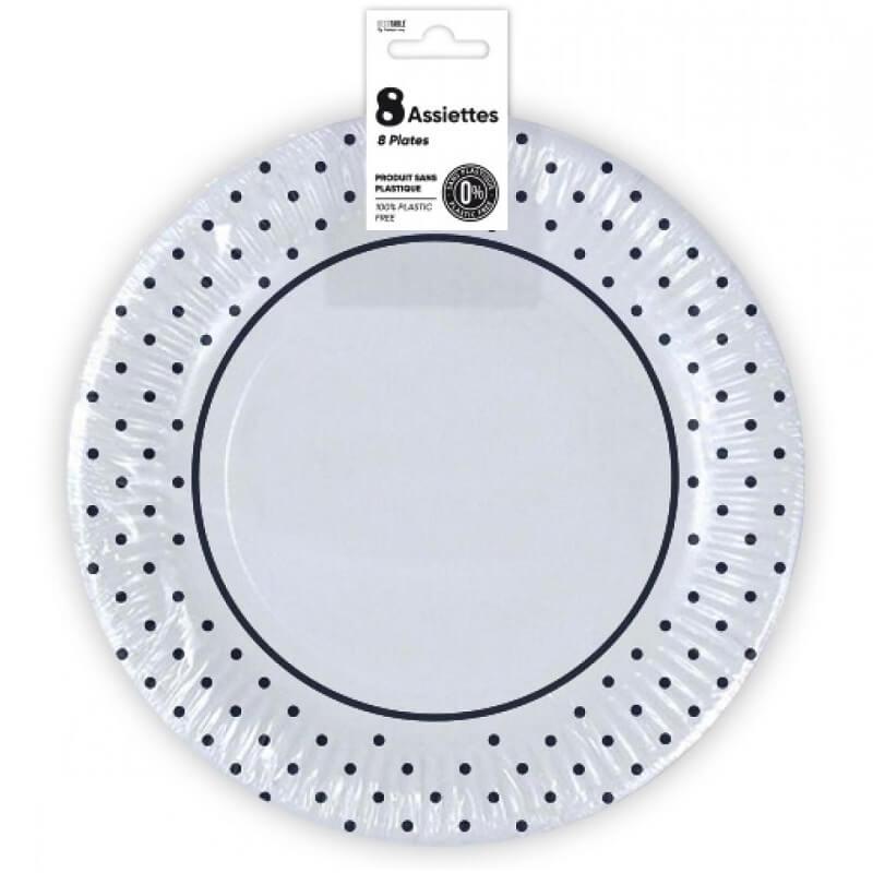 Assiette blanche en carton avec pois noir 23cm