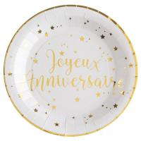 Assiette blanche et or joyeux anniversaire