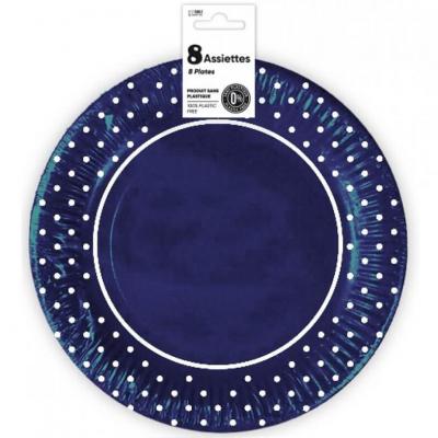 Assiette bleu en carton avec pois blanc 23cm