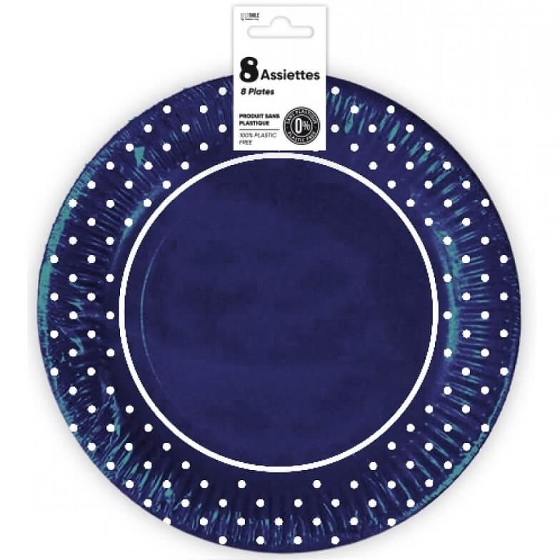 Assiette bleu en carton avec pois blanc 23cm