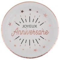 Assiette carton anniversaire blanche et rose gold