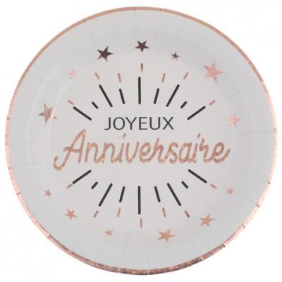 Assiette joyeux anniversaire blanche et rose gold métallique (x10) REF/6647