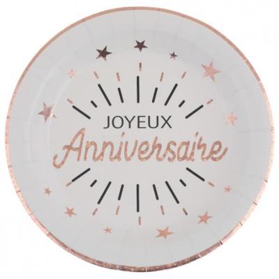 Assiette joyeux anniversaire blanche et rose gold métallique (x10) REF/6647