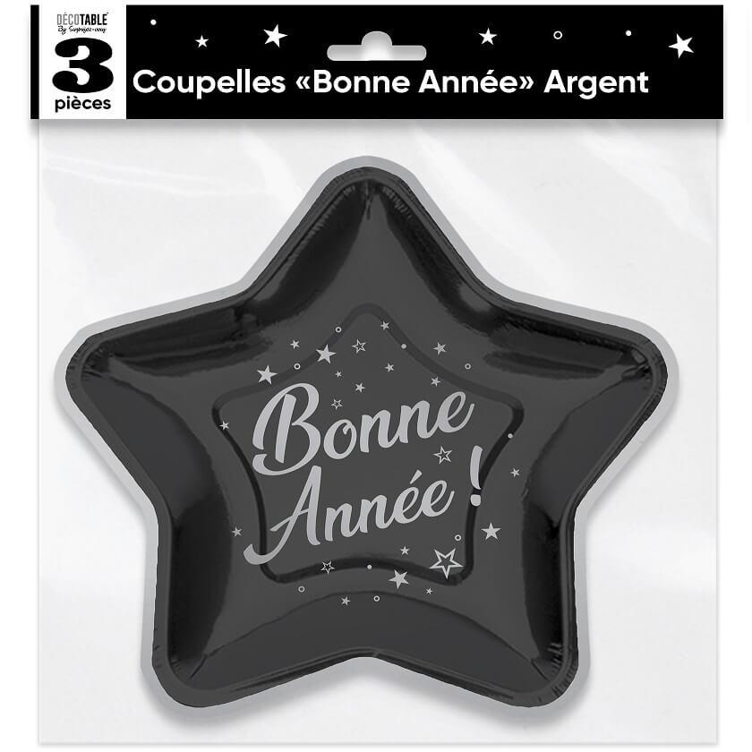 Assiette carton etoile bonne annee nouvel an noir argent