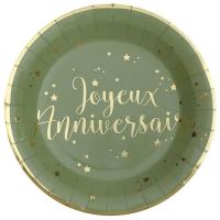 Assiette carton vert olive sauge dore or joyeux anniversaire