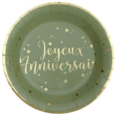 Assiette Joyeux Anniversaire en carton vert Olive/Sauge et dorée or métallisée (x10) REF/5670