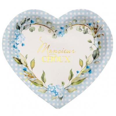 Assiette coeur Baby Shower bleu ciel avec des fleurs décoratives (x10) REF/7309