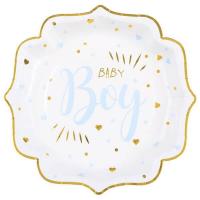 Assiette en matiere carton baby shower blanche bleu ciel et doree