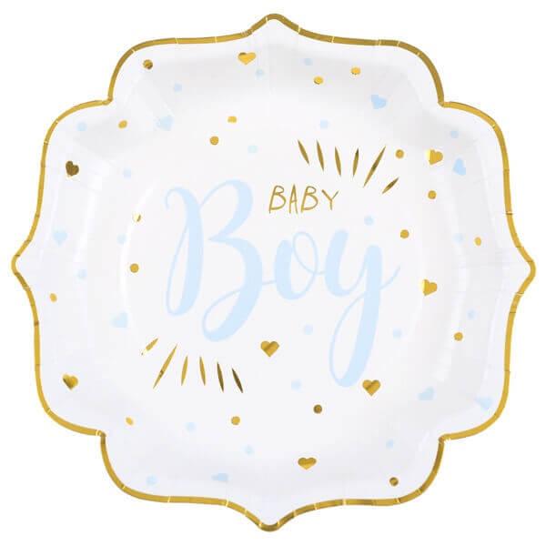 Assiette en matiere carton baby shower blanche bleu ciel et doree