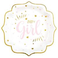 Assiette en matiere carton baby shower blanche rose et doree