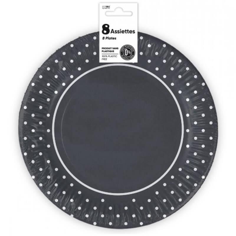 Assiette gris en carton avec pois blanc 23cm