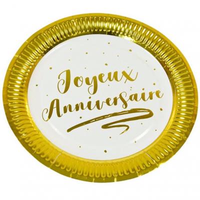 Assiette joyeux anniversaire blanche et dorée 18cm (x6) REF/JET002