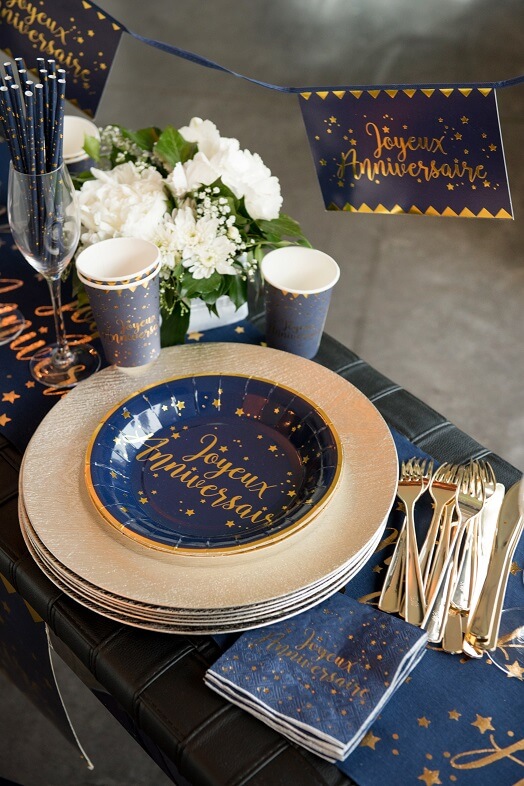 Assiette joyeux anniversaire bleu et or