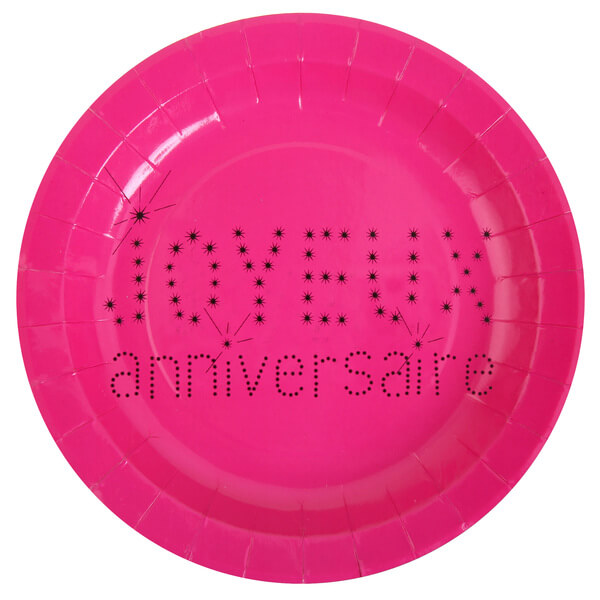 Assiette joyeux anniversaire fuchsia en carton
