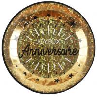 Assiette joyeux anniversaire or metallique et noir