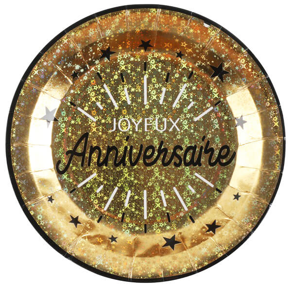 Assiette joyeux anniversaire or metallique et noir