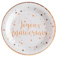 Assiette joyeux anniversaire rose gold et blanche