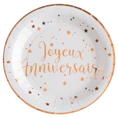 Assiette joyeux anniversaire rose gold et blanche (x10) REF/5670