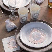 Assiette mariage just married blanche et rose gold metallisee
