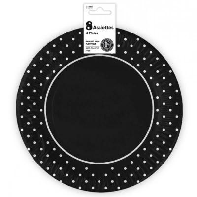 8 Assiettes rondes en carton de 23 cm en noir avec pois décoratif REF/AF23N