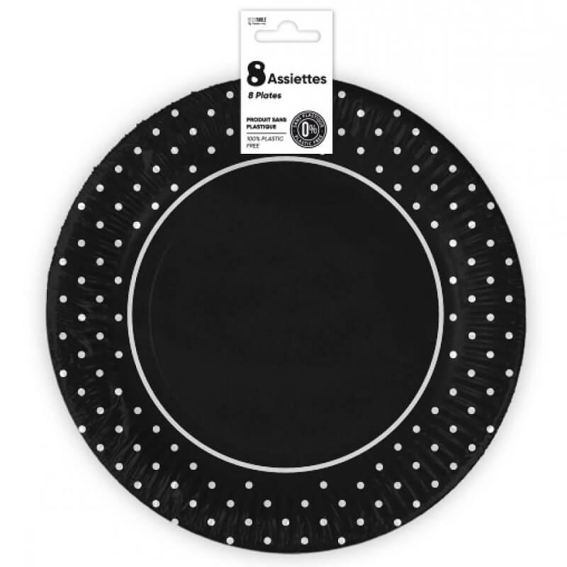 Assiette noir en carton avec pois blanc 23cm