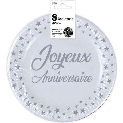 8 Assiettes rondes jetables en carton blanche de 23 cm en Joyeux Anniversaire REF/AA2300BA