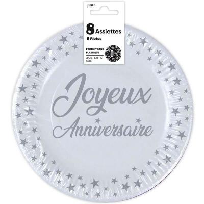 Assiette ronde en carton jetable blanc joyeux anniversaire 23cm