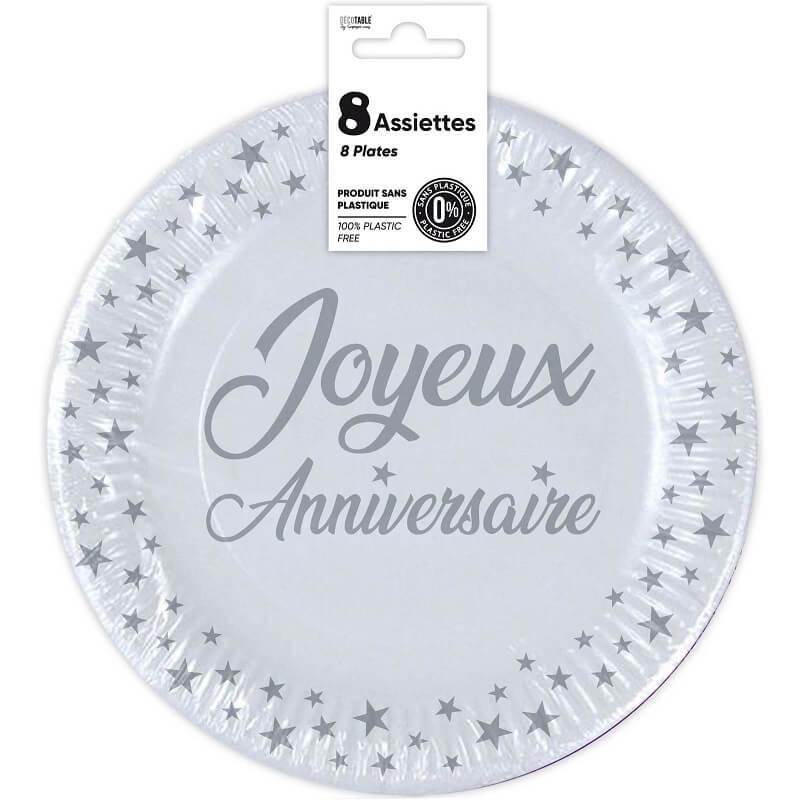 Assiette ronde en carton jetable blanc joyeux anniversaire 23cm