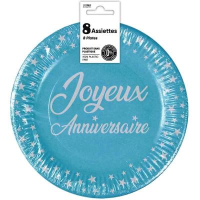 8 Assiettes rondes jetables en carton bleue de 18 cm en Joyeux Anniversaire REF/AA1800B