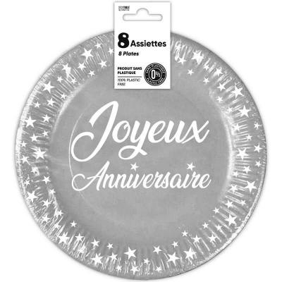 8 Assiettes rondes jetables en carton grise de 18 cm en Joyeux Anniversaire REF/AA1800G