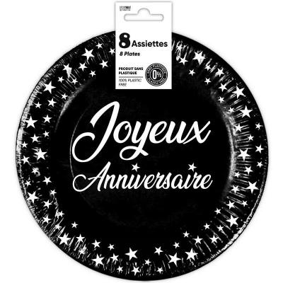 8 Assiettes rondes jetables en carton noire de 18 cm en Joyeux Anniversaire REF/AA1800N