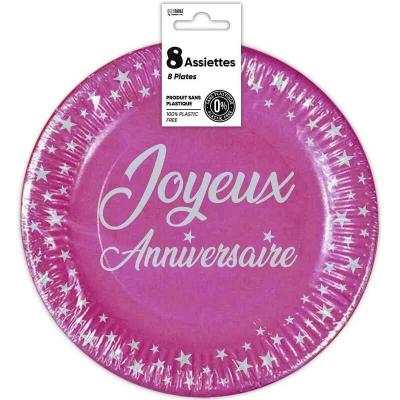 8 Assiettes rondes jetables en carton rose fuchsia de 23 cm en Joyeux Anniversaire REF/AA2300F