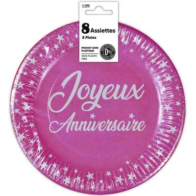 Assiette ronde en carton jetable rose fuchsia joyeux anniversaire 23cm
