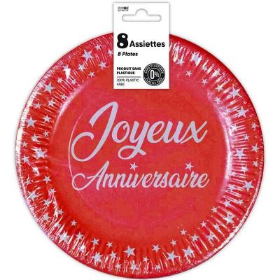 Assiette ronde en carton jetable rouge joyeux anniversaire 23cm