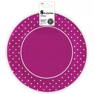 Assiette rose fuchsia en carton avec pois blanc 23cm