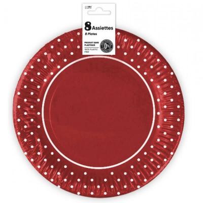 8 Assiettes rondes en carton de 23 cm en rouge avec pois décoratif REF/AF23R