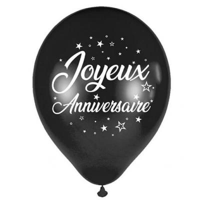 6 Ballons métallisés Joyeux Anniversaire en latex noir de 30cm pour votre décoration REF/BAL00N