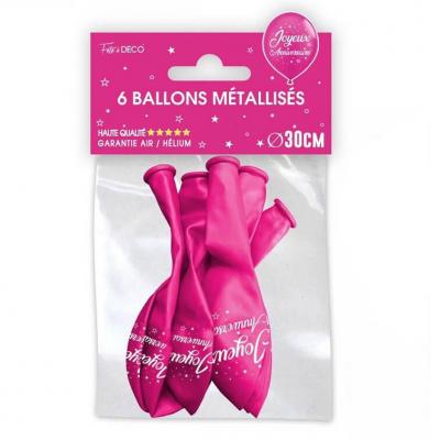 Bal00 ballon latex rose fuchsia metallise joyeux anniversaire 30cm