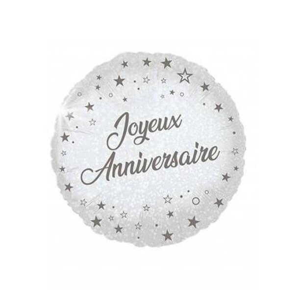 BALLON ALU ROND ANNIVERSAIRE CONFETTIS 46CM BLANC