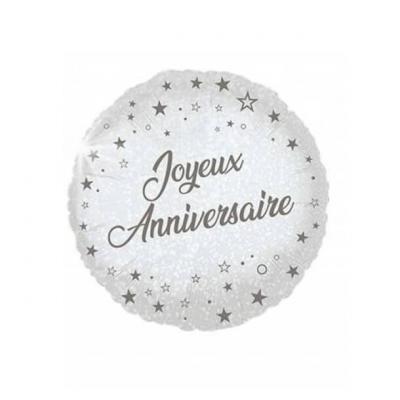 1 Ballon aluminium Joyeux Anniversaire 46cm argent holographique REF/BALHA00