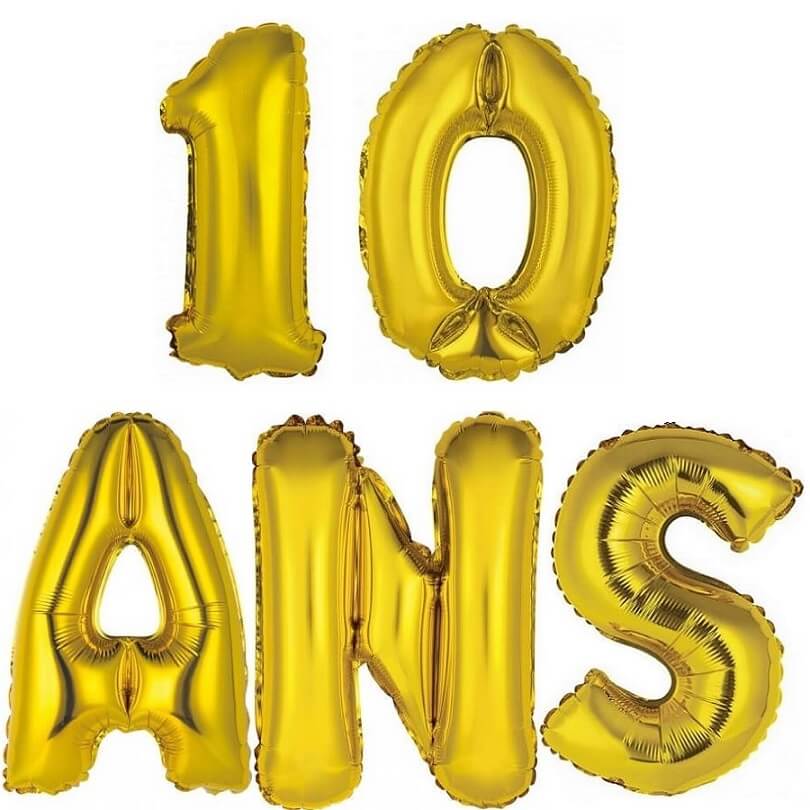 1 Kit de 5 Ballons aluminiums anniversaire 10ans or