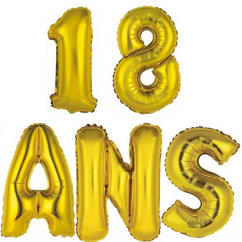 1 Kit de 5 Ballons aluminiums anniversaire 18ans or